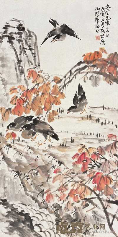 谢公展 戊寅(1938年)作 花鸟 立轴 92.3×45.7cm